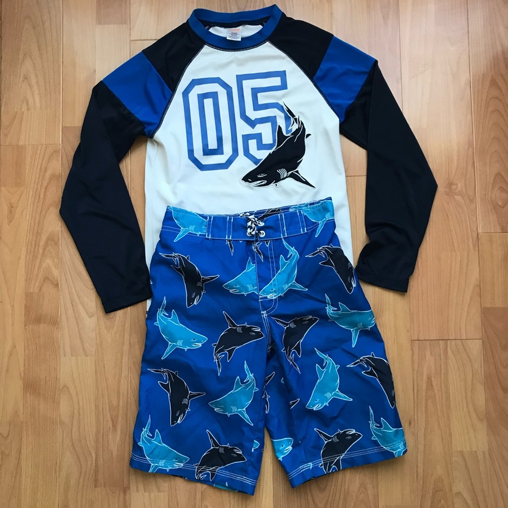 Gymboree Blue Shark Swim Set rash guard top & swim trunk size L